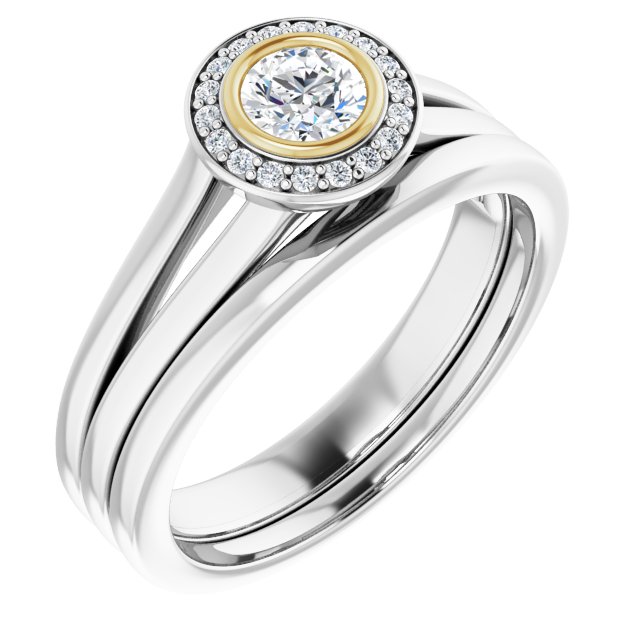 Bague De Fiançailles Diamant Halo Or Blanc et Jaune