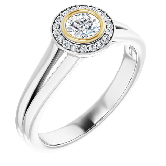 Bague De Fiançailles Diamant Halo Or Blanc et Jaune