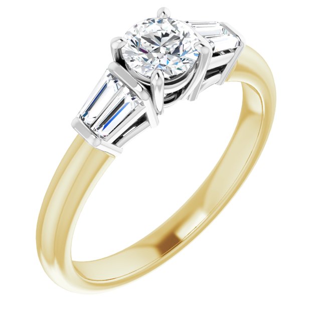 Bague De Fiançailles Diamant Coupe Ronde Et Baguettes Or Jaune Et Blanc