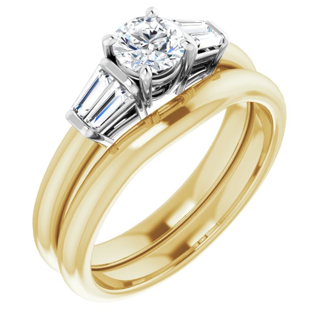 Bague De Fiançailles Diamant Coupe Ronde Et Baguettes Or Jaune Et Blanc