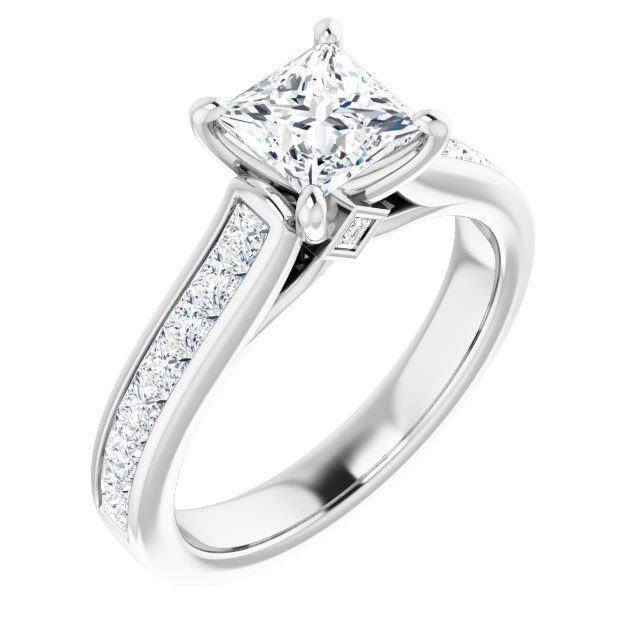 Bague De Fiançailles Diamant Coupe Princesse Pavé Or Blanc