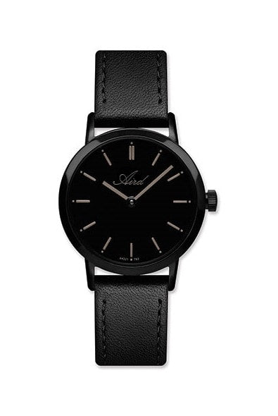 Montre Aird pour dame en acier Mouvement suisse Eta au quartz Verre saphir cadran noir  étanche 3 Atm bracelet de cuir