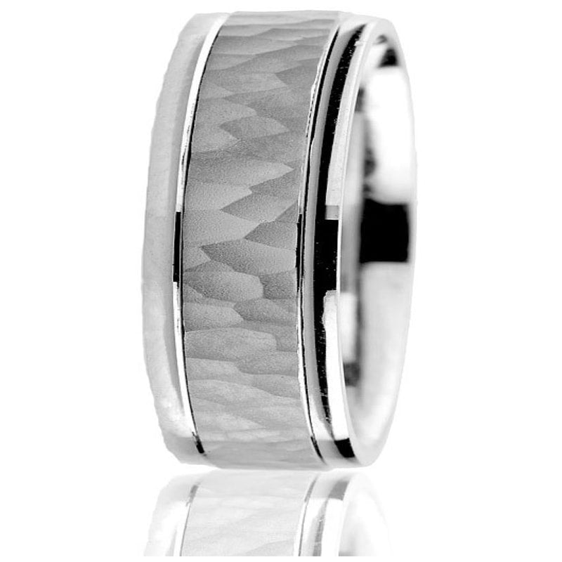 Jonc Gravé 6mm Fini Martelé pour Homme en Or Blanc 14 Karats