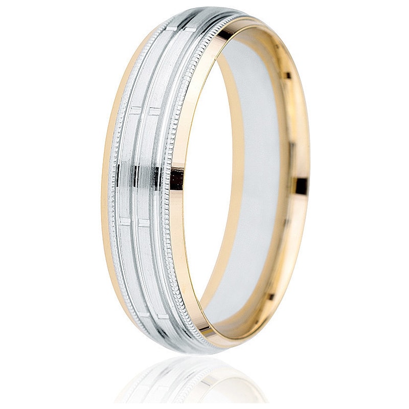 Jonc Gravé 6mm pour Homme en Or Jaune et Blanc 14 Karats Fini Poli et Satiné