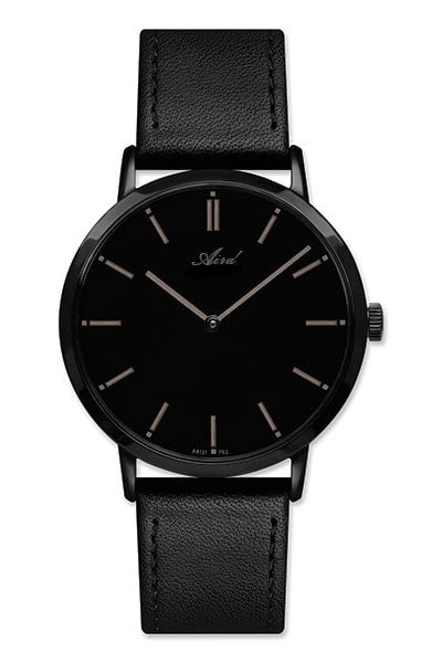 Montre Aird pour homme en acier Mouvement suisse Eta au quartz Verre saphir cadran noir  étanche 3 Atm bracelet de cuir