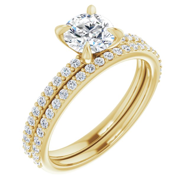Bague De Fiançailles Diamant Coupe Ronde Pavé Or Jaune