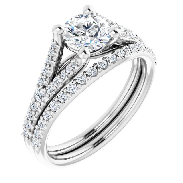 Bague De Fiançailles Diamant Coupe Ronde Pavé Or Blanc