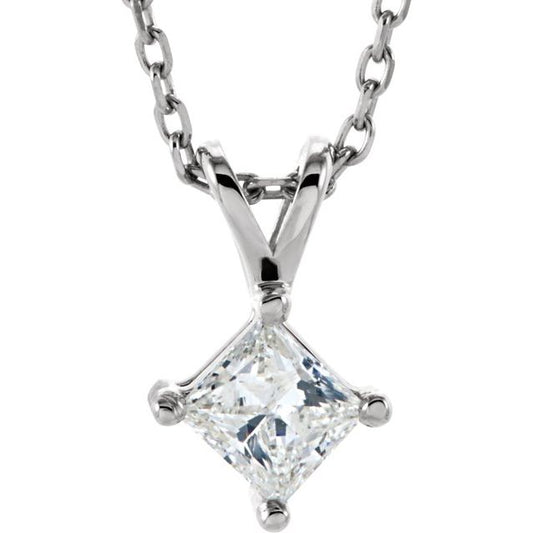 Pendentifs Solitaire Diamant Taille Princesse Sur Griffes En Or Blanc 14 Karats