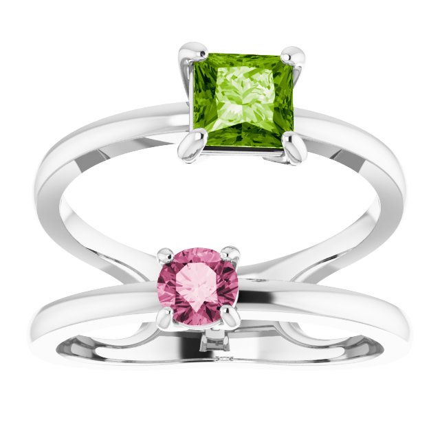 Bague Sertie D'un Peridot Taille Princesse et D'une Tourmaline Rose Taille Rond