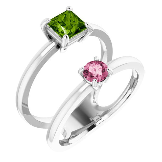 Bague Sertie D'un Peridot Taille Princesse et D'une Tourmaline Rose Taille Rond