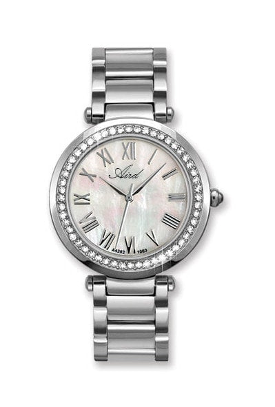 Montre pour dame en acier Mouvement suisse Eta Verre saphir cadran nacre de perle contour serti de crystal