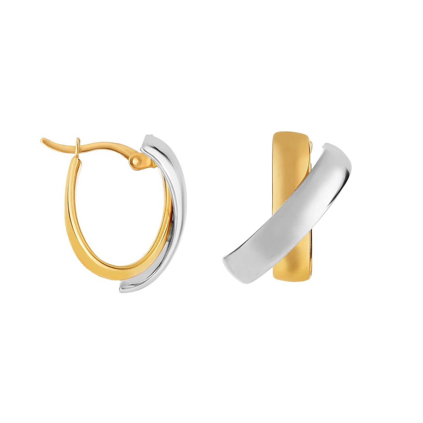 Boucles d'Oreilles Or Jaune et Blanc 14 Karats Fini Poli et Satiné
