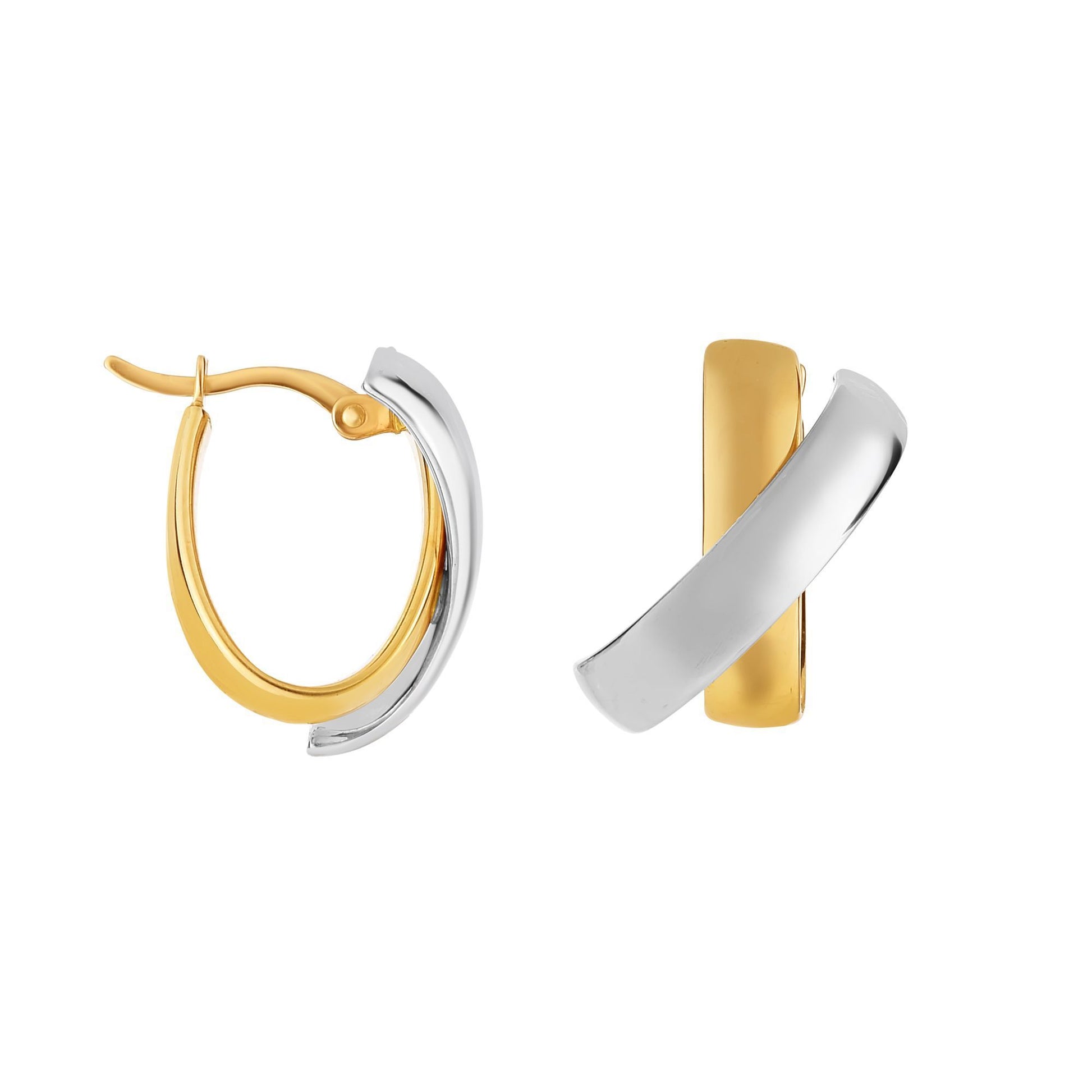 Boucles d'Oreilles Or Jaune et Blanc 14 Karats Fini Poli et Satiné