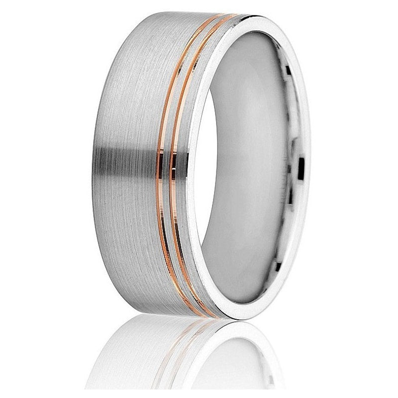 Jonc Gravé 8mm pour Homme en Or Blanc et Rose 14 Karats Fini Satiné