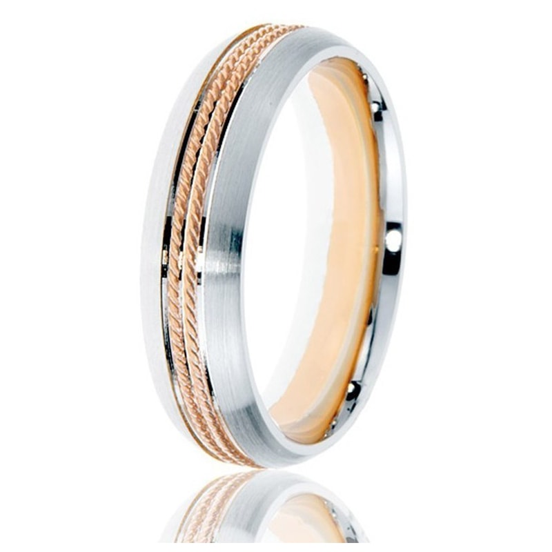 Jonc Bombé 6mm pour Homme en Or Blanc et Rose 14 Karats Fini Satiné